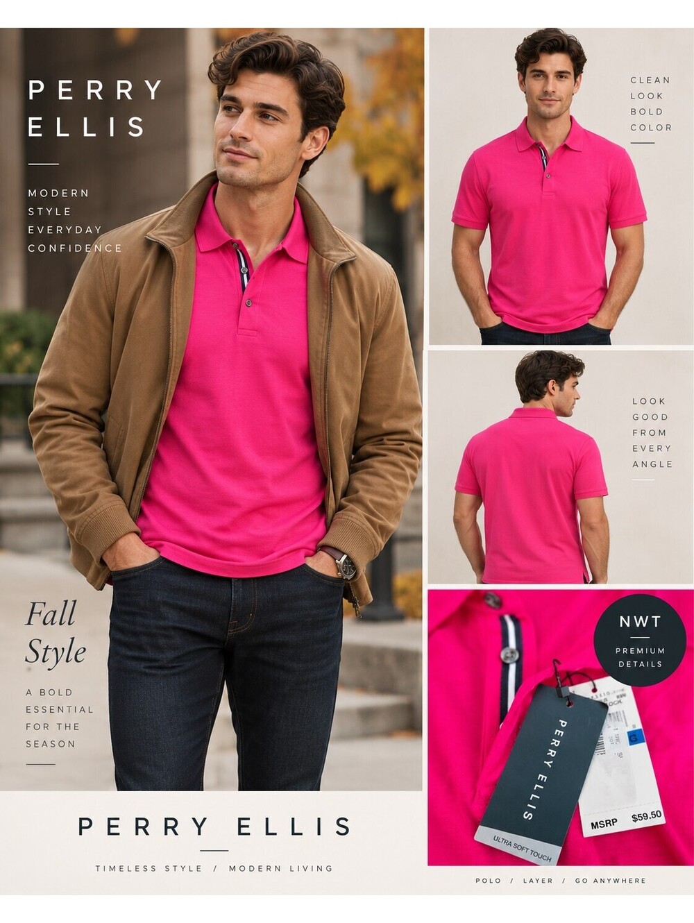 NWT Perry Ellis Men’s Hot Pink Polo Shirt Ultra Soft Touch Preppy Golfcore Y2K